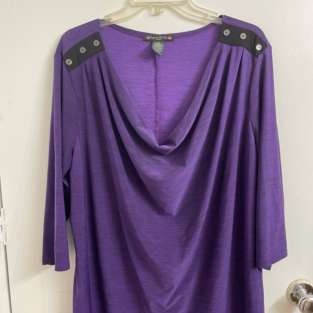 Suzie In The City Purple Draped Cowl Neck Blouse with Buttoned Shoulder Tabs
